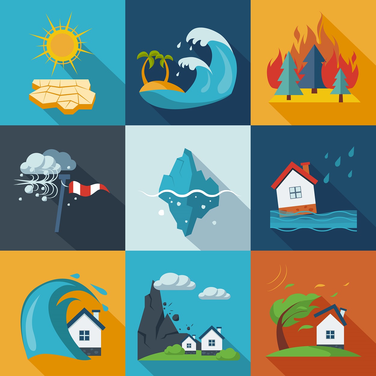 A set of natural disaster icons in fresh colors.